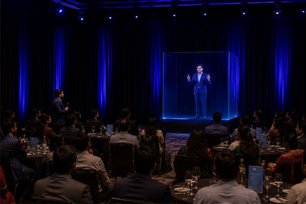 International summit holographic mesh screen installation for diplomatic government event